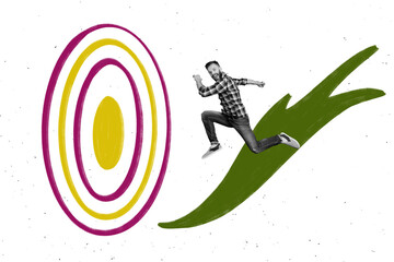 Creative trend collage of funny man running darts target board have fun businessman bizarre...