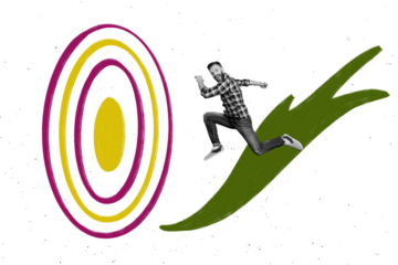 Creative trend collage of funny man running darts target board have fun businessman bizarre unusual fantasy billboard