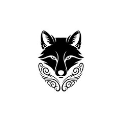 A bold, symmetrical black fox head with detailed features on white background