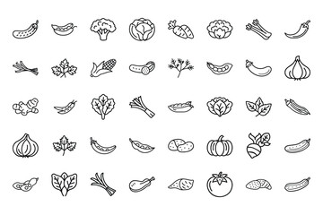 Vegetable Outline Vector Icon Set – Healthy Food, Farm Fresh, Organic Produce and Nutrition Symbols