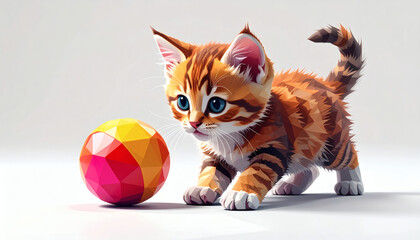 Polygonal kitten playing with polygon ball on a white background showcasing geometric animal design, modern 3D feline illustration, and minimalist digital art style