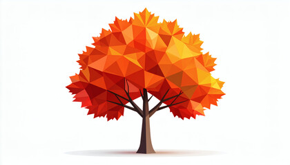 Polygonal maple tree with red and orange polygon leaves on a white background showcasing geometric nature design, modern 3D autumn tree illustration, and minimalist digital art style