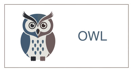 Cartoon owl illustration with blue and brown colors, next to the word 