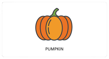 Illustration of a pumpkin with orange skin and a green stem on a white background.