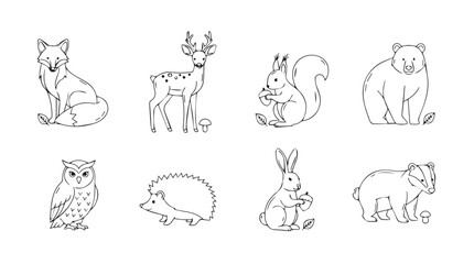 Collection of hand-drawn woodland animal line art icons for design and crafts vector