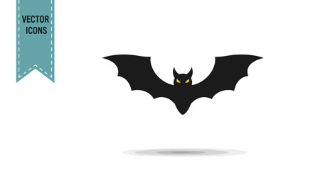 Vector icon of a black flying bat with spread wings and glowing yellow eyes.