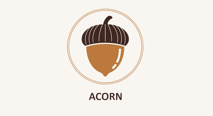 A simple, stylized illustration of an acorn with a brown cap and a tan body, enclosed within a circular border, with the word 