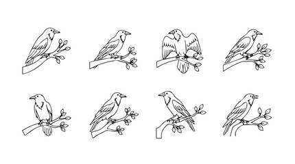 Collection of sketchy bird illustrations on branches charming nature wildlife art detailed line drawings vector