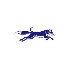 Dark blue stylized wolf leaping to the right with a crescent moon above it, on a white background