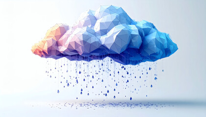 Polygonal rain cloud with polygon raindrops falling on a white background showcasing geometric weather design, modern 3D cloud illustration, and minimalist digital art style