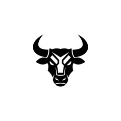A minimalist black and white illustration of a bull's head, facing forward, stylized
