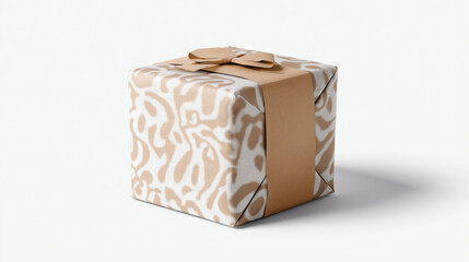 Square Gift Box Wrapped in Abstract Beige Pattern and Kraft Ribbon