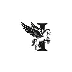 A white winged horse rears up against a black letter I, a stylized emblem