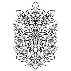 Vector floral illustration with intricate decorative flowers and leaves arranged in a symmetrical composition. Elegant black outline design.