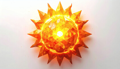 Polygonal sun with angular faceted corona on a white background showcasing geometric celestial design, modern 3D sun illustration, and minimalist digital art style