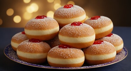 Hanukkah jelly donuts sufganiyot stacked on plate with sugar and festive lights