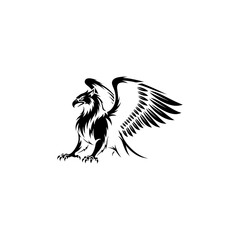 A stylized griffin, a mythical creature with eagle head, wings, and lion body, in black on white