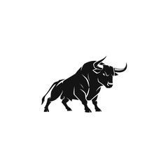 Obraz premium A silhouetted bull with curved horns and a muscular physique on a white background