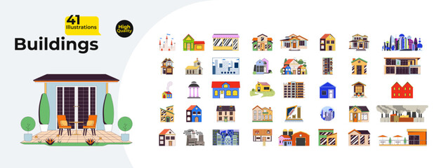 Buildings and architecture cartoon flat illustrations mega bundle. Houses, skyscrapers, factory, apartments, church, bank. Real estate 2D images isolated on white. Collection vector drawings colorful