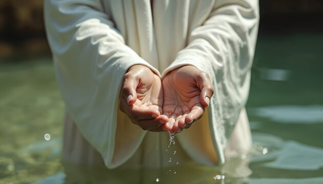 Jesus Christ in white robe holding water in cupped hands. Ripples spread in clear shallow water. Divine spiritual cleansing and purity symbolize salvation. Hope and peace.