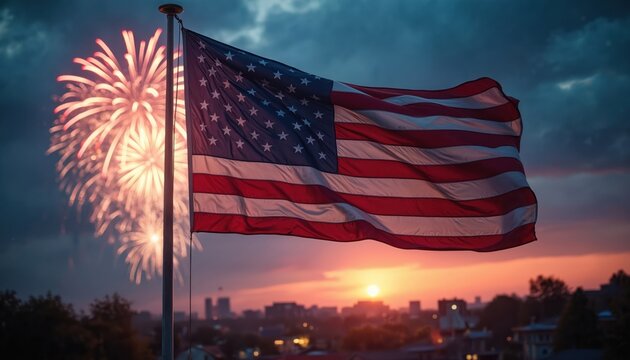 American flag flies against twilight sky with fireworks. USA banner waves at sunset over city. Fourth of July celebration in United States of America holiday. Patriotic symbol of freedom. - Powered by Adobe