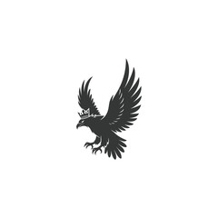 A dark stylized eagle in flight, crowned, against a white background