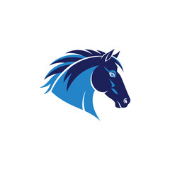 A stylized horse head silhouette in shades of blue, with flowing mane, on a white background