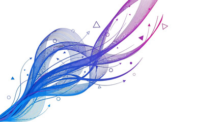 Abstract digital artwork featuring flowing blue and purple ribbons with geometric shapes.