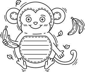 Monkey cheerful animal kids memo note template. Planner To Do list vector frame, jungle animal scrapbook memo note. Kids schedule checklist or diary sticker with monkey cute character eating banana