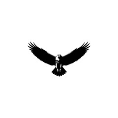 Black silhouette of an eagle with wings outstretched, front view, against a white background