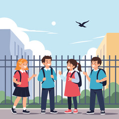A group of diverse children with backpacks standing outside their school.
