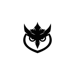 Black and white geometric owl icon on white background, face looking forward
