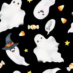 Watercolor Halloween seamless pattern. Print with Halloween ghosts and candies. Festive design and decoration of wrapping paper, textiles. Fun holiday pattern