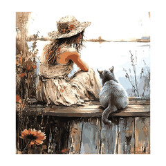 Girl and Cat Sitting by the Lake – Peaceful Vintage Art Scene