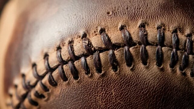 Close-up of a baseballs worn leather and intricate stitching, showcasing texture and detail.