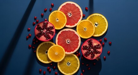 Overhead shot of sliced citrus fruits and pomegranate seeds on blue surface