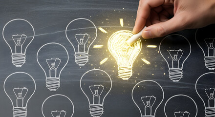 Sparking brilliant ideas with chalk on a blackboard, illuminating one lightbulb among many, symbolizing innovation and creativity blooming