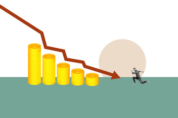 Creative image collage young man run golden coins stacks falling arrow charts inflation economy...