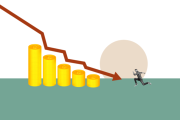Creative image collage young man run golden coins stacks falling arrow charts inflation economy crisis devaluation money loss running man