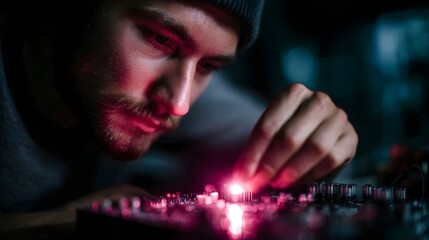 A man intently works on a glowing circuit board in a low lit environment