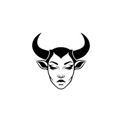 A monochrome illustration of a face with horns, closed eyes, and pointed ears