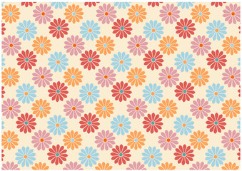 Floral pattern with colorful daisy-like flowers on a light background.