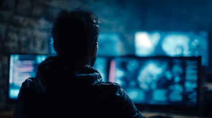 A person in a hooded jacket sits in a dark room intensely focused on multiple computer screens displaying data