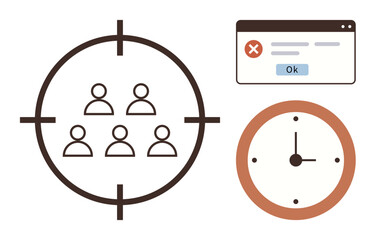 People group inside crosshair, error message box, clock symbolizing precision, decision making. Ideal for time efficiency, user experience, marketing focus, goal setting, troubleshooting