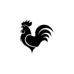 A stark, solid black silhouette of a rooster against a white background, stylized