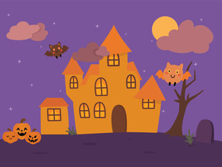 Cute Halloween Night Illustration with Haunted House, Pumpkins, Bats, and Full Moon