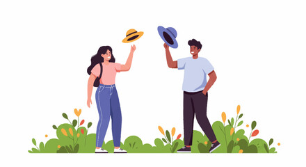 A woman and a man stand in a field of flowers tossing their hats in the air in a joyful celebration.