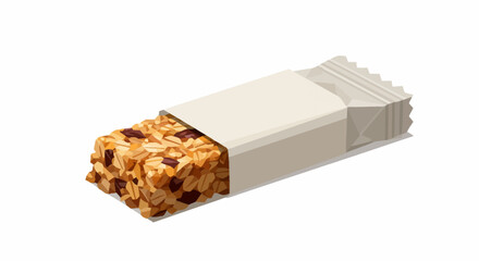 A single granola bar, rich in oats and nuts, partially unwrapped from its plain packaging, presented on a white background.