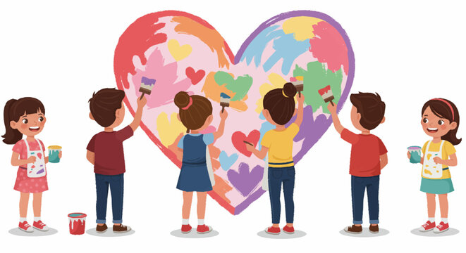 A diverse group of children joyfully painting a large, colorful heart, symbolizing love and unity.