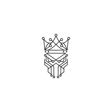 A minimalist design with a crown above a circuit-board-like form, on a white background